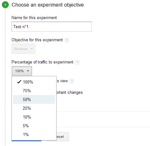 Management of the traffic allocated to a test in Google Content Experiments