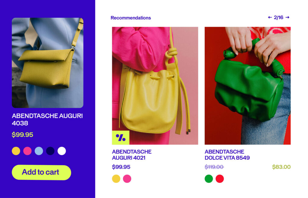 Personalized handbag suggestions to add to shopping cart alongside main product for cross-selling and upselling. 