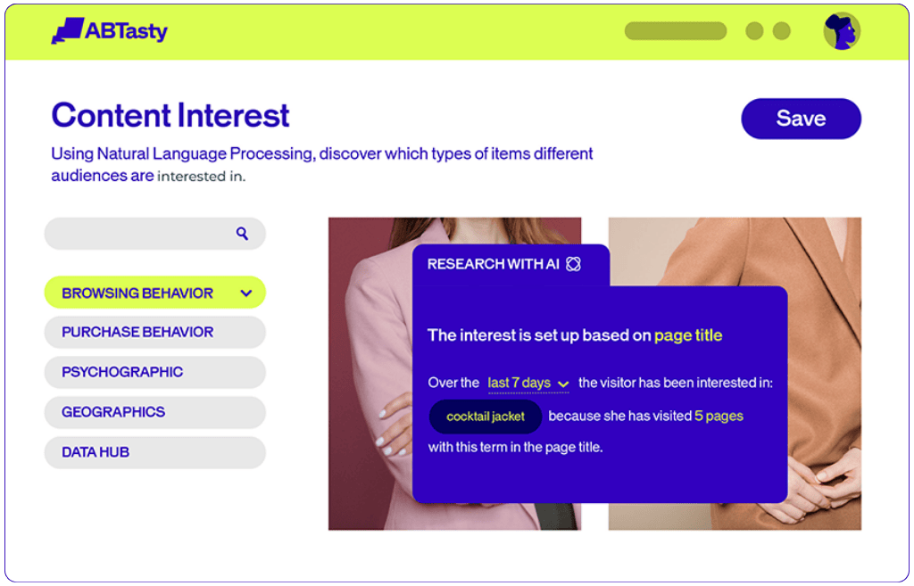 Natural language processing dashboard showing browsing behavior analysis and interest-based targeting.