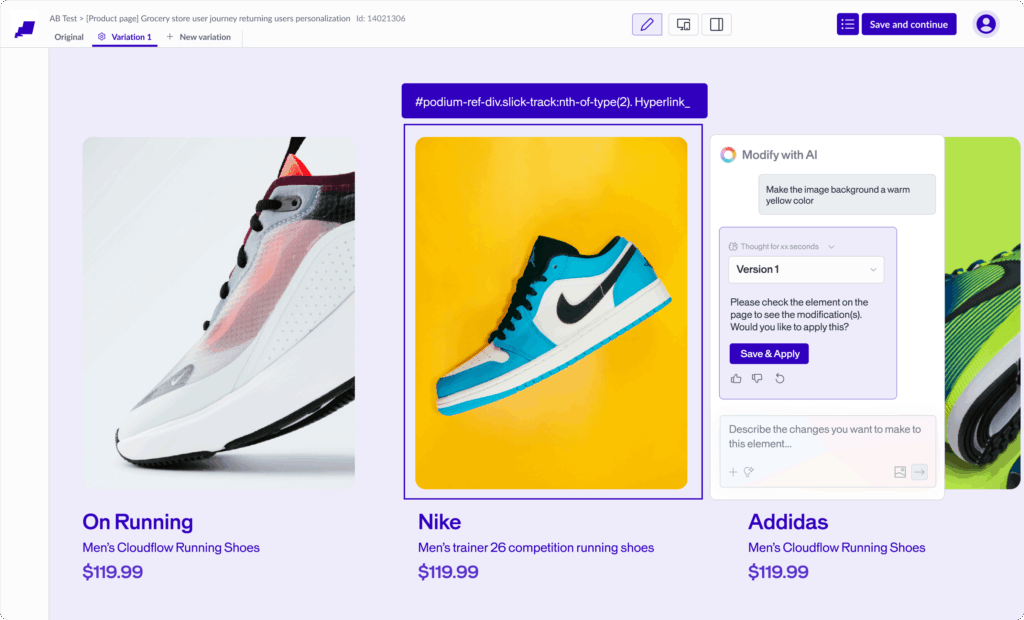 Automated background color modification from yellow to warm tone using AI-powered visual editor for e-commerce A/B testing.
