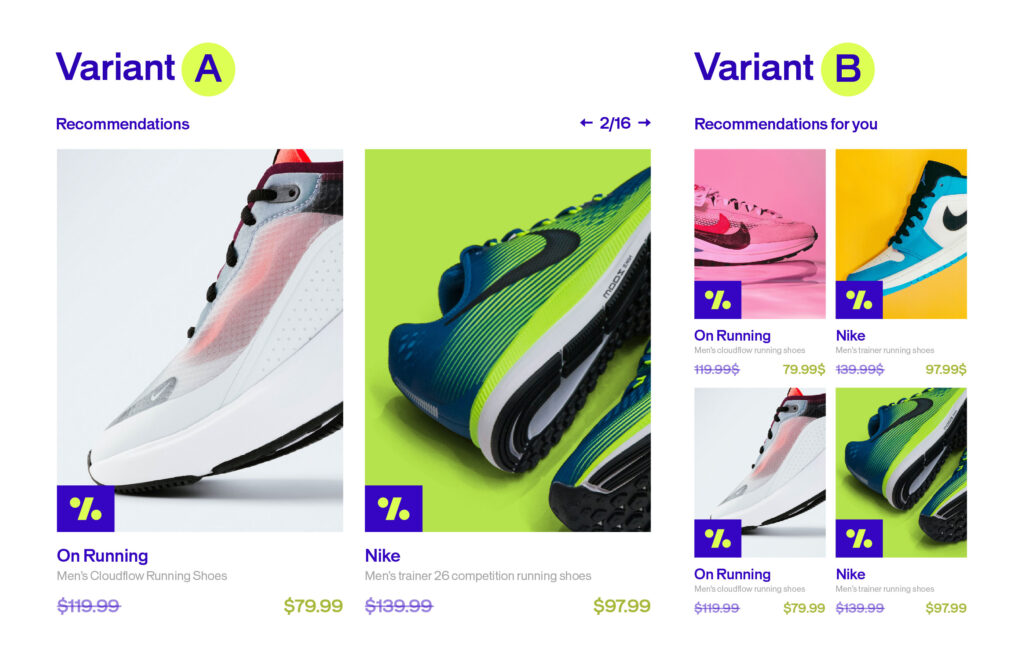 A/B testing product recommendations with two sneaker display variants