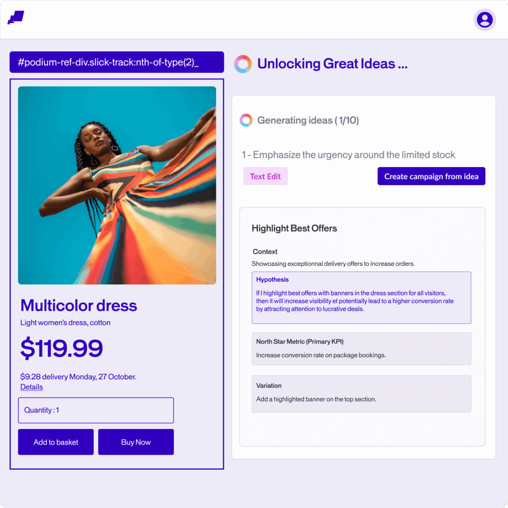 E-commerce product page for a multicolor dress with price $119.99 and “Add to basket/Buy Now” buttons, alongside an AI agent panel generating test ideas.