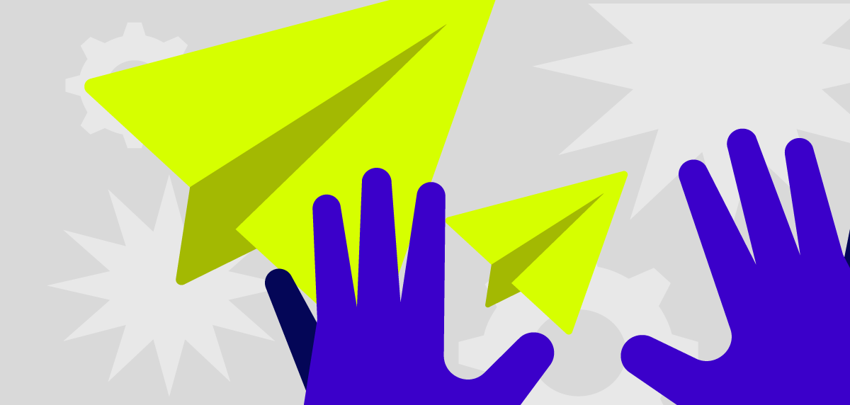 e-book airline image card with blue hands and neon yellow paper airplanes