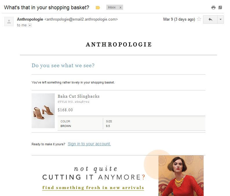 Anthropologie abandoned cart email