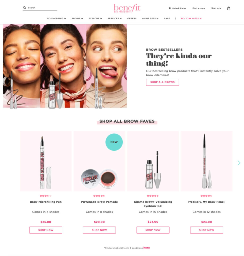 Benefit’s Produktseite mit Bestsellern