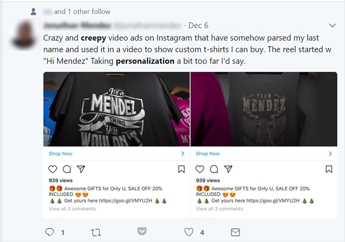 Creepy personalization tweet