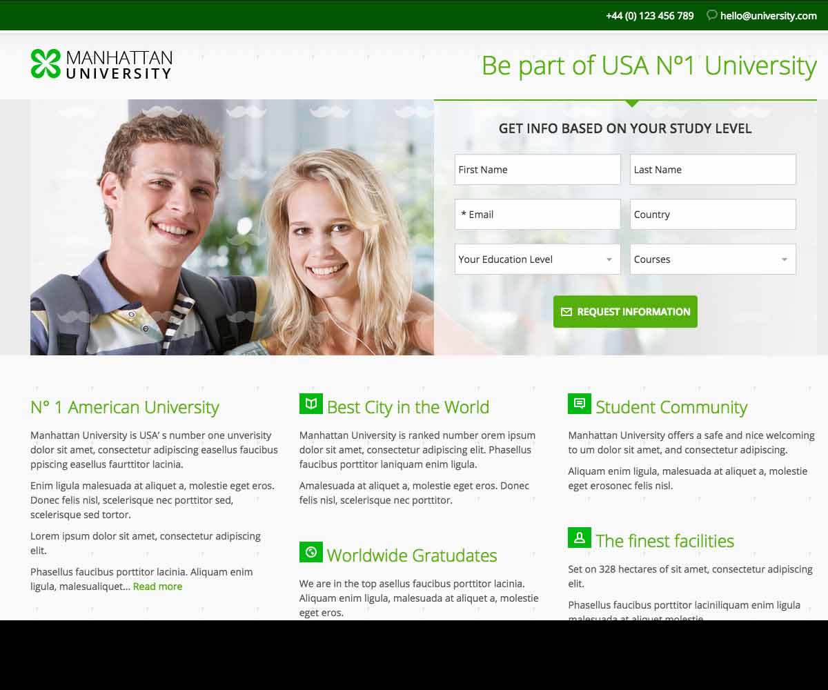 University landing page template