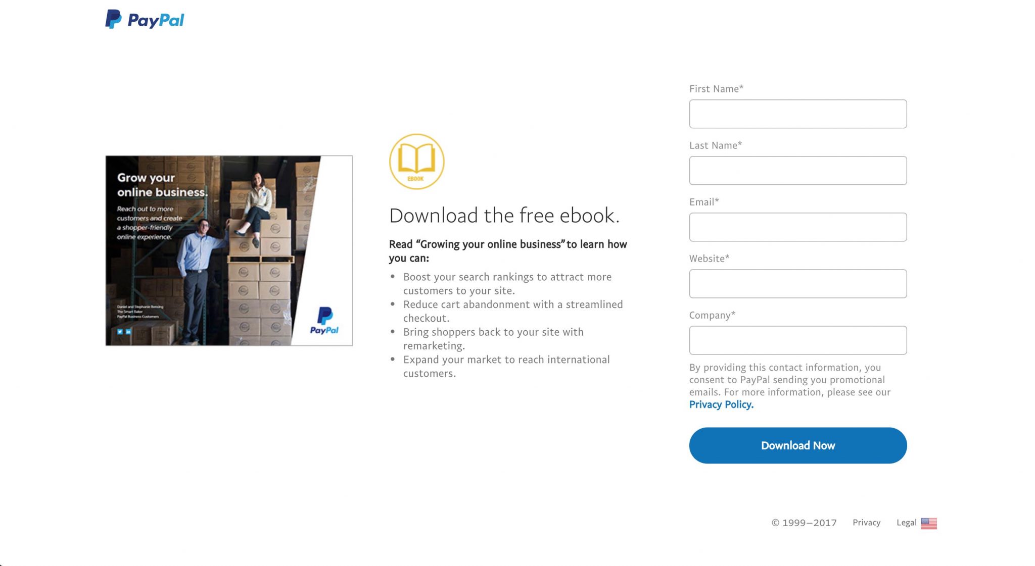 PAYPAL Landing page - Download the free ebook.