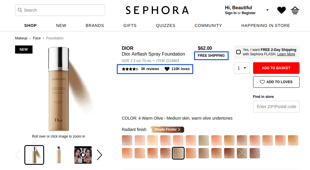 Sephora social proof example