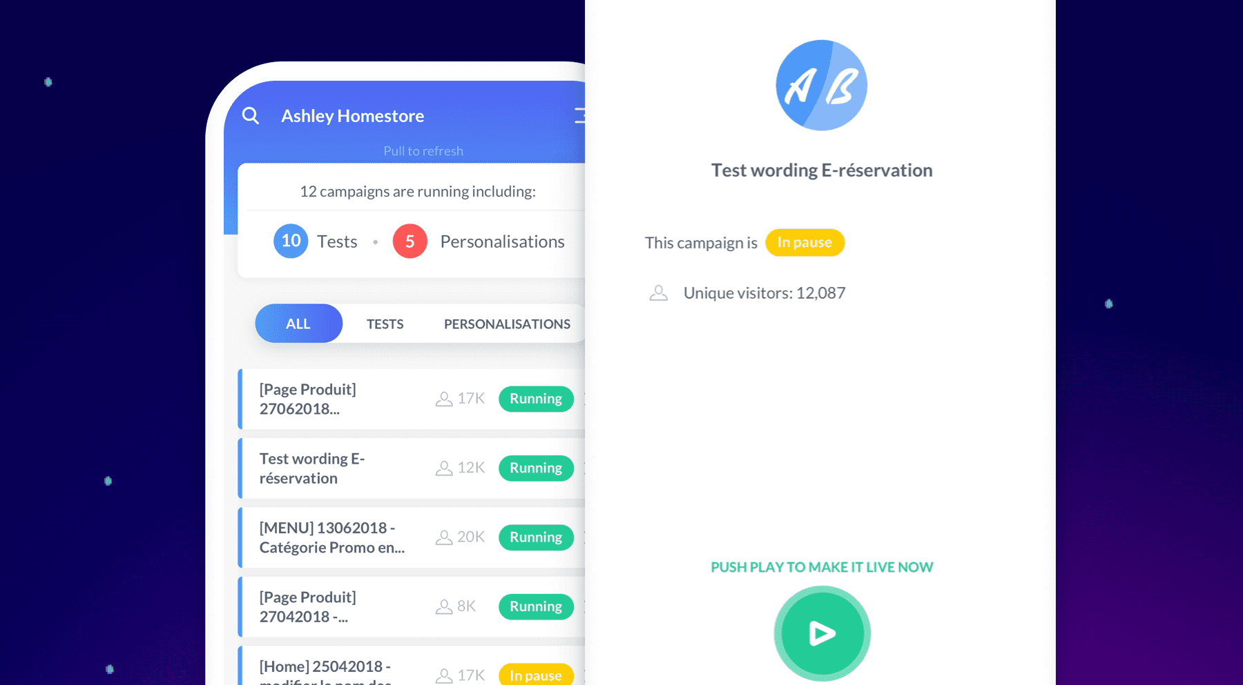 App móvil AB Tasty campaña