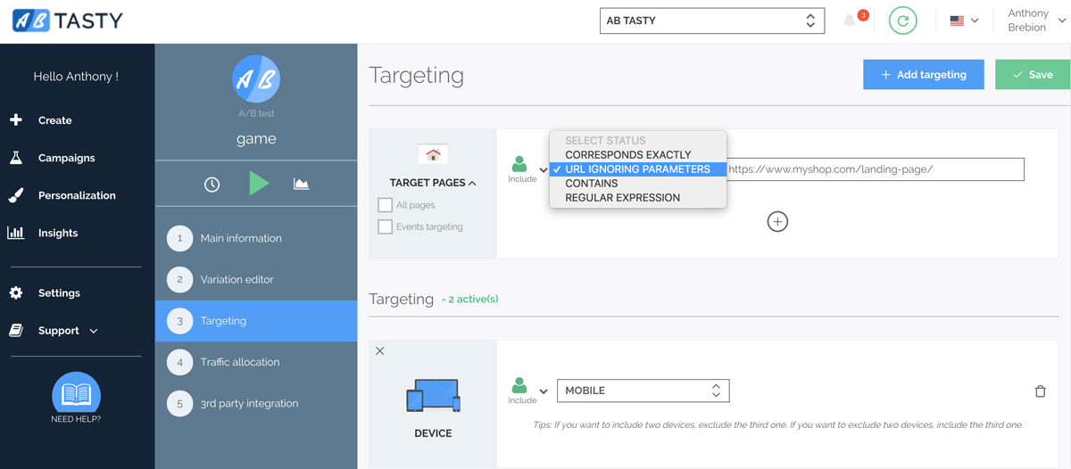 URL targeting during an A/B test setup