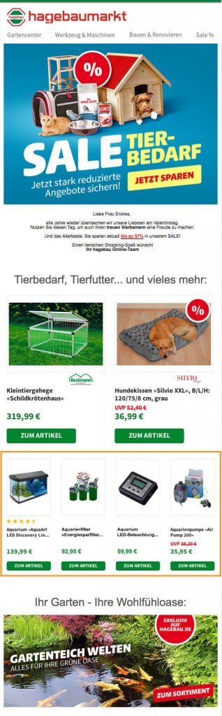 Das Bild zeigt ein Beispiel für einen Newsletter zum Thema Tierbedarf. Neben themenspezifischem Content finden Empfänger hier auch personalisierte Empfehlungen, abgestimmt auf ihre jeweiligen Präferenzen. Personalisierte E-Mails gehören zu den bedürfnisorientierten After-Sales-Maßnahmen.