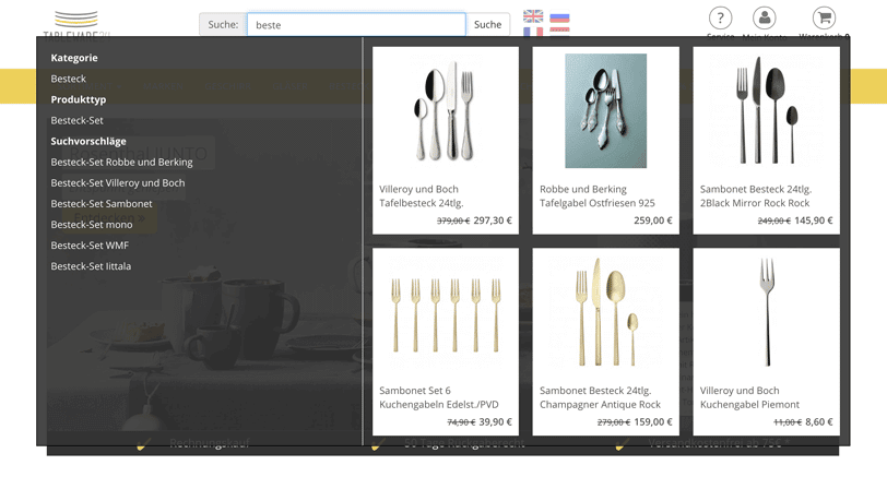 Der Screenshot zeigt die Autosuggest-Funktion des Online Shops Tableware24 zum Suchbegriff "beste".