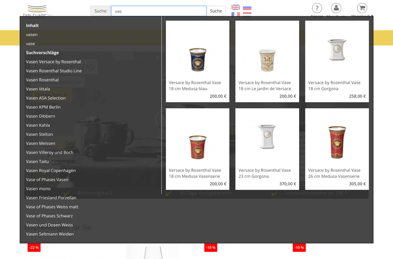 Der Screenshot zeigt die Autosuggest-Funktion des Online Shops von Tableware24 zum Suchbegriff "vas".