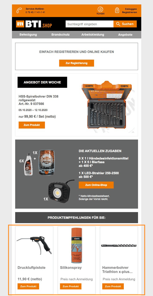 Der Screenshot zeigt ein Beispiel für eine personalisierte E-Mail des Online Shops BTI.