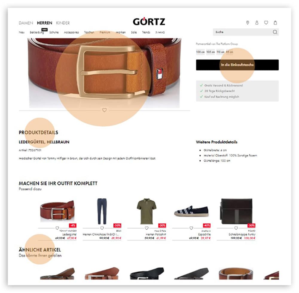 Hier sieht man eine Produktdetailseite des Online Shops von Görtz.