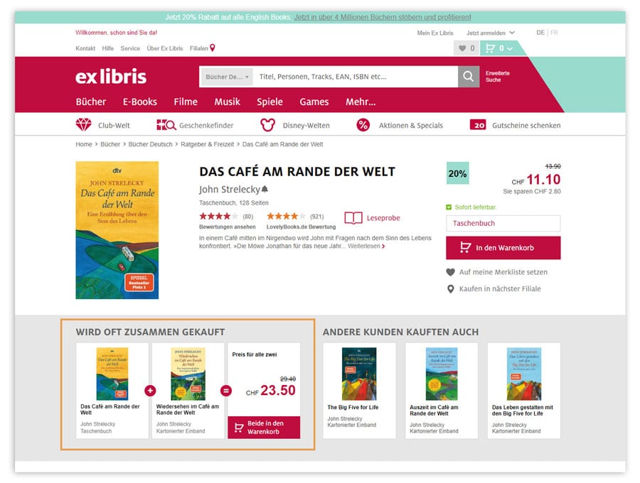 Cross-Selling-Empfehlungen in Form eines Bundles auf einer Produktdetailseite von Ex Libris