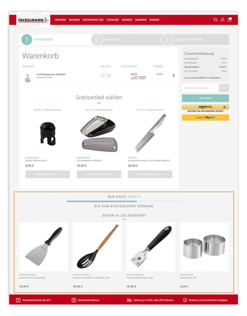 Cross-Selling-Empfehlungen auf der Warenkorbseite von fackelmann.de