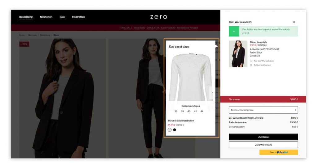 Cross-Selling-Strategie im Warenkorb-Layer auf zero.de