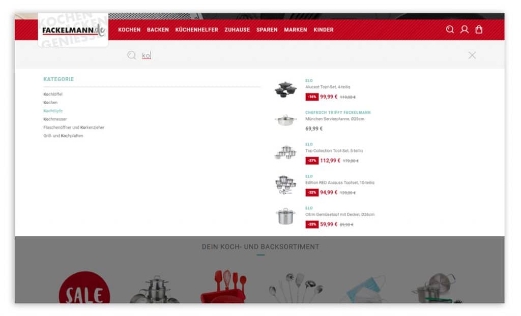 Eine KI-Autovervollständigung ergänzt Produktvorschläge in der Onsite-Suche auf der Fackelmann Seite 