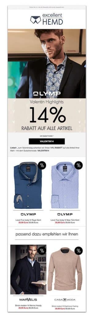 Das Bild zeigt eine E-Mail von excellent-hemd.de mit personalisierten Inhalten. In der Phase der Kundentreue kannst du dich mit personalisierten E-Mails im Rahmen der digitalen Customer Journey mit deinen Shopkunden verbinden.