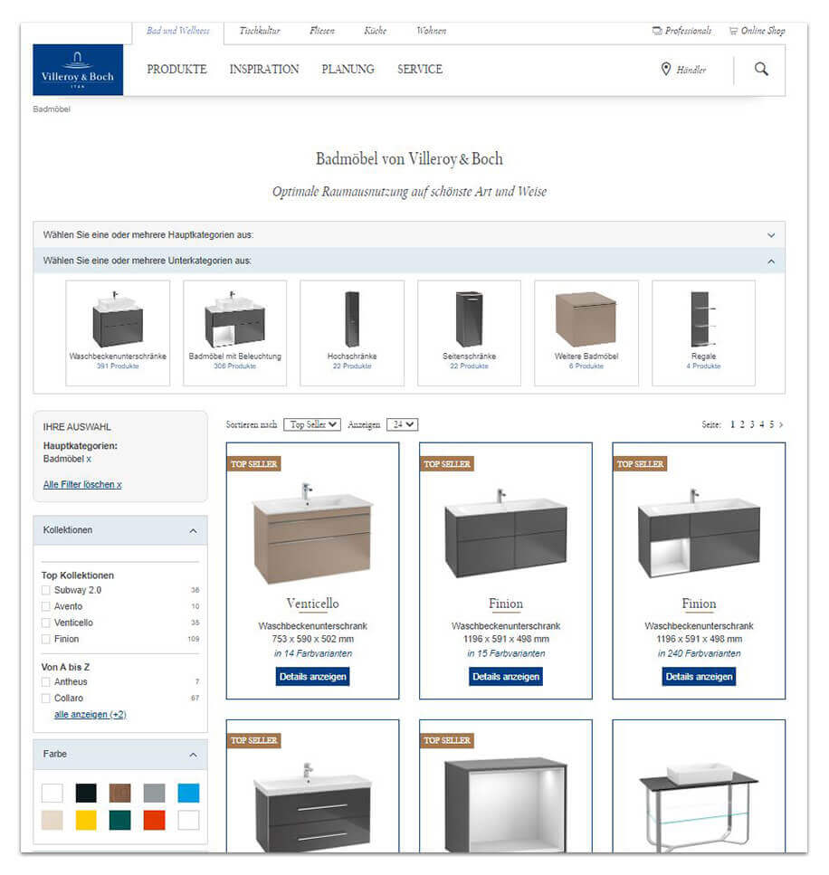 Das Bild zeigt einen Ausschnitt aus dem Online Shop von Villeroy & Boch, in dem die Facettennavigation zu sehen ist. In der Phase der Produktrecherche kann neben einer intelligenten Suche auch eine Facettennavigation deine Shopkunden bei der Orientierung im Online Shop unterstützen.