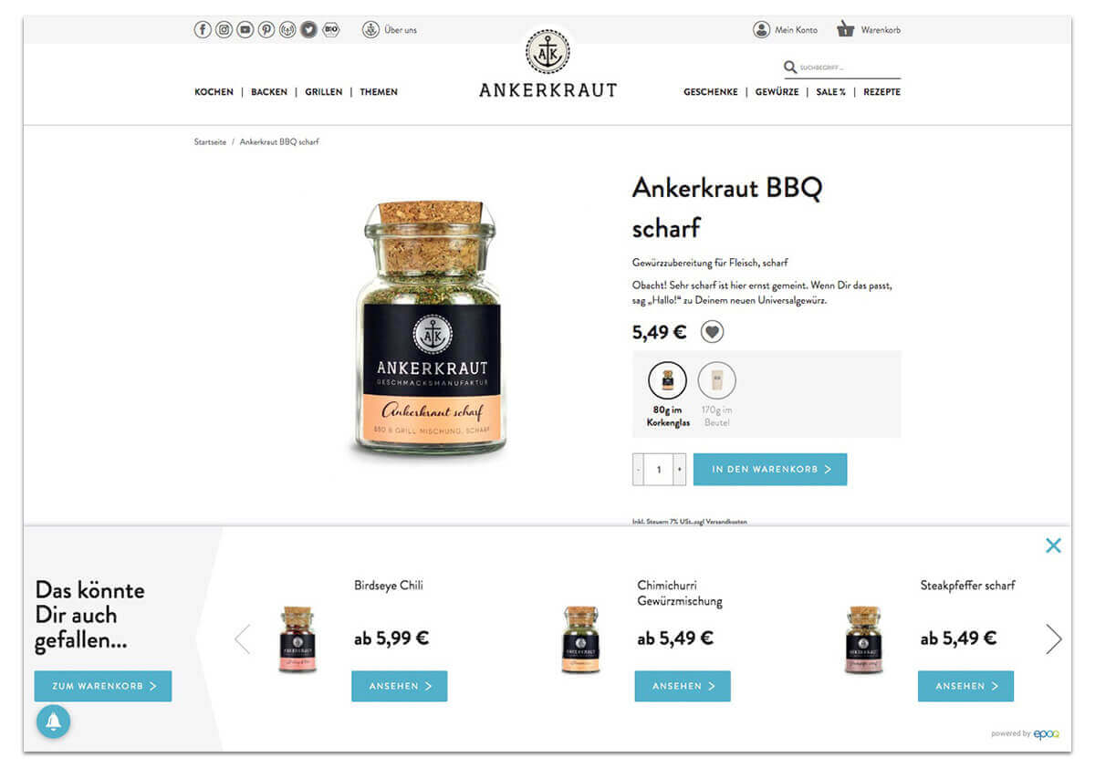 Das Bild zeigt ein Beispiel für Cross-Selling-Empfehlungen im Warenkorblayer im Online Shop von Ankerkraut. In der Phase der Kaufbereitschaft sorgen personalisierte Empfehlungen für Inspiration entlang der digitalen Customer Journey von Shopkunden.