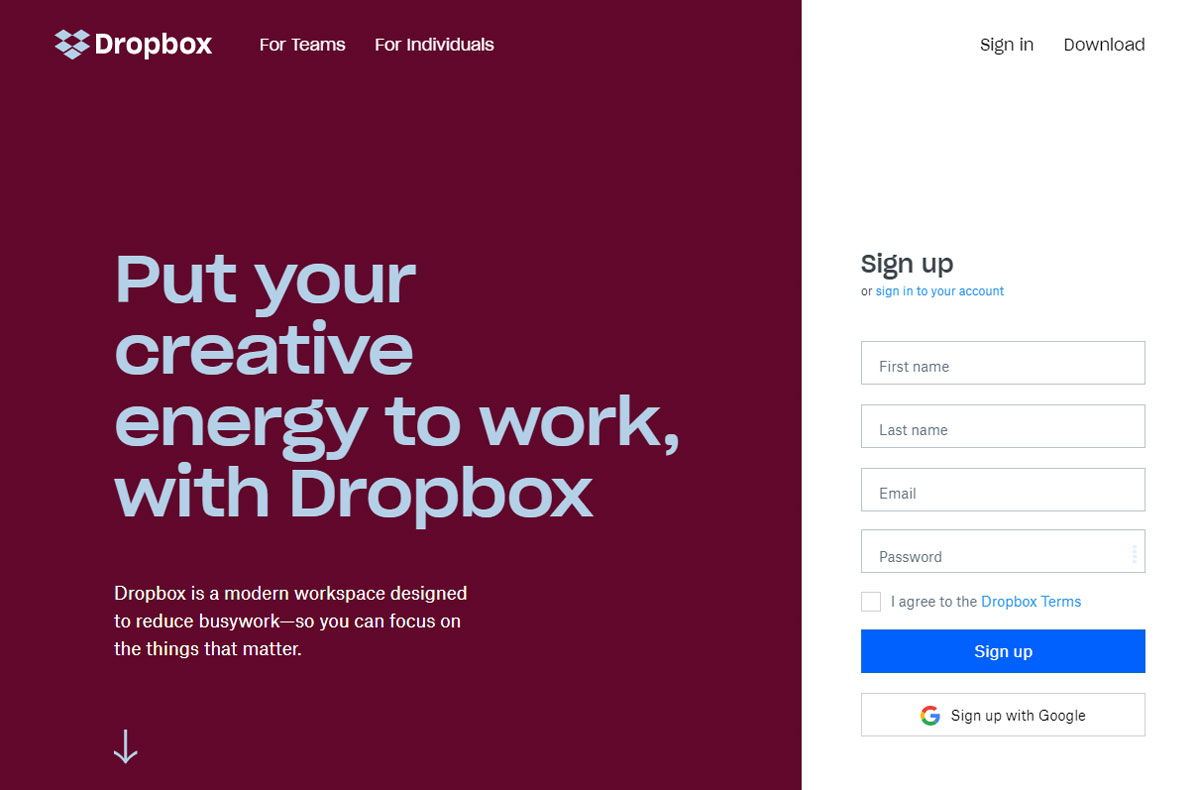 Landingpage Optimierung bei Dropbox