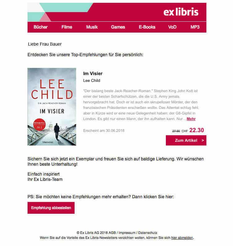 Screenshot einer personalisierten E-Mail von Ex Libris, in der personalisiert eine Buchempfehlung ausgesprochen wird, um den E-Commerce-Traffic zu steigern.