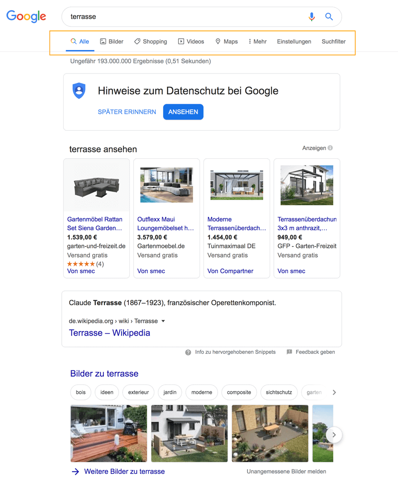 Das Bild zeigt einen Screenshot einer Google-Suchanfrage mit dem Suchwort "terasse". Die Universal Search bietet die Möglichkeit, E-Commerce-Traffic z. B. über Bilder zu gewinnen.