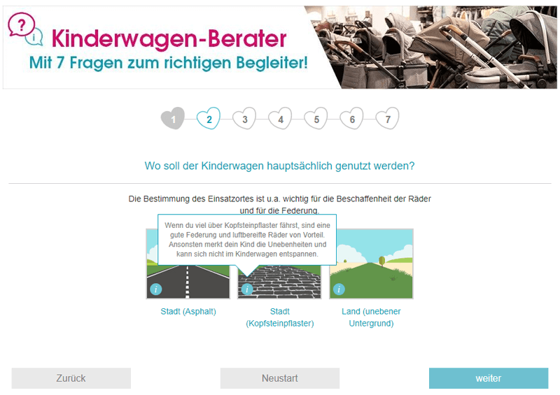 Der Kinderwagenberater fragt nach dem passenden Einsatzort.