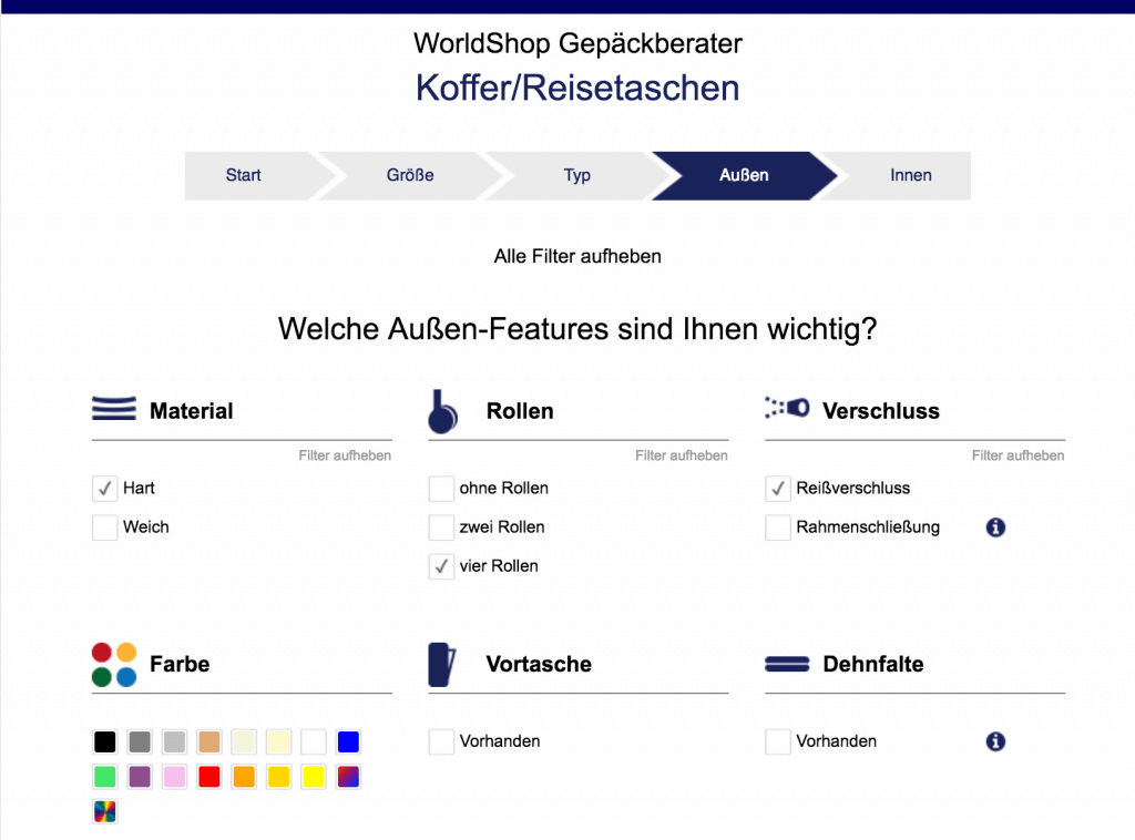 Der Gepäckberater stellt dir detailreiche Fragen zu deinem Bedarf. Es wird z. B. nach dem Material, der Anzahl an Rollen, oder dem Verschluss gefragt.