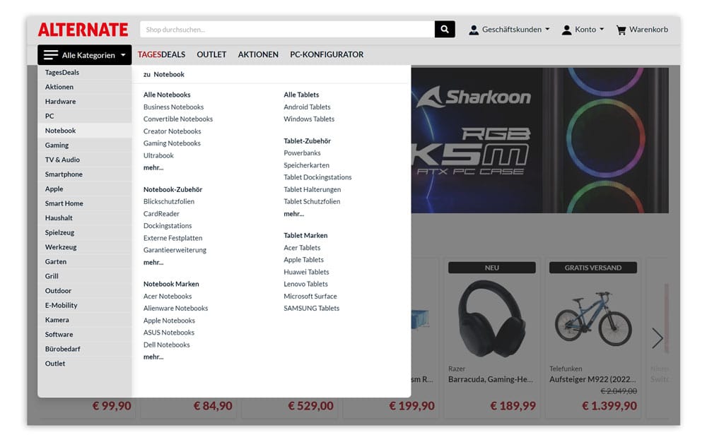 Das Bild zeigt die vertikale Navigationsstruktur im Online Shop von Alternate.