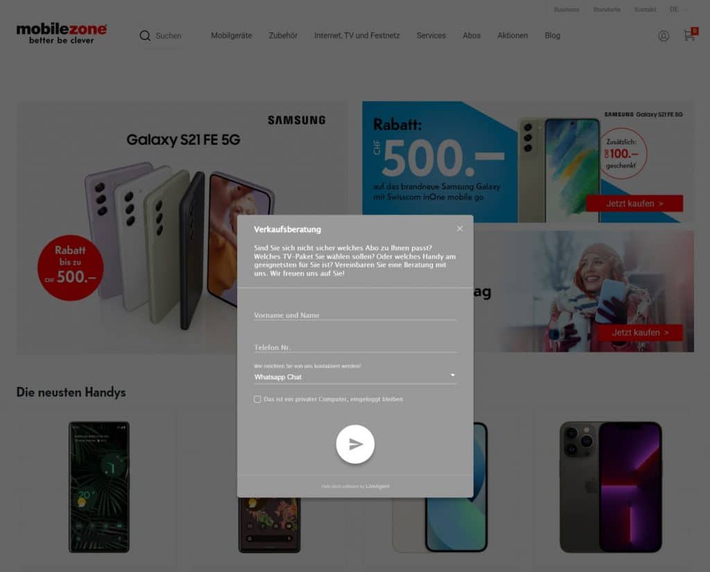 Screenshot der Verkaufsberatung von mobilezone