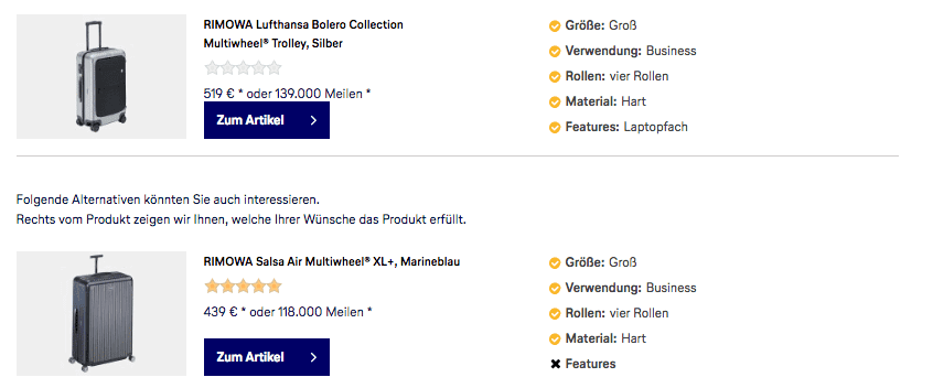 Screenshot des Gepäckberaters im Lufthansa WorldShop zur Verdeutlichung der Reasoning-Funktion für einen Online-Produktberater.