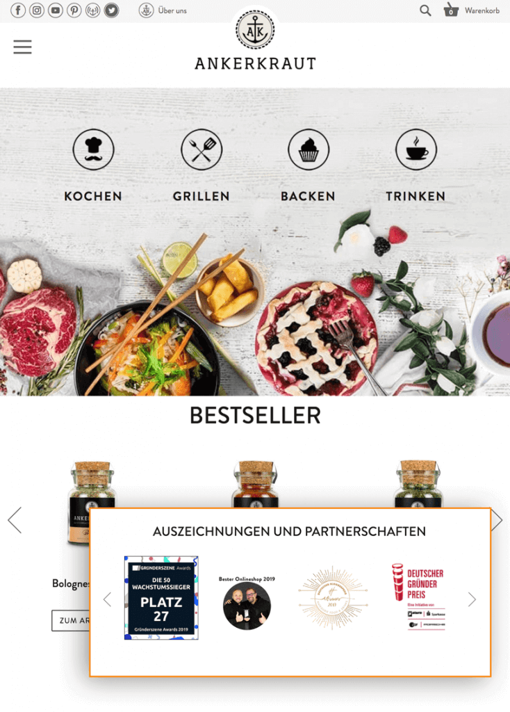 Der Screenshot zeigt einen Ausschnitt der Startseite von Ankerkraut. Der Online Shop präsentiert Auszeichnungen und Partnerschaften auf der Startseite.