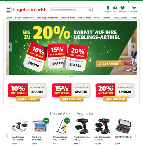 Der Screenshot zeigt einen Ausschnitt der Startseite von hagenbaumarkt. Der Online Shop präsentiert hier unter anderem die Bewerbung einer Rabattaktion.