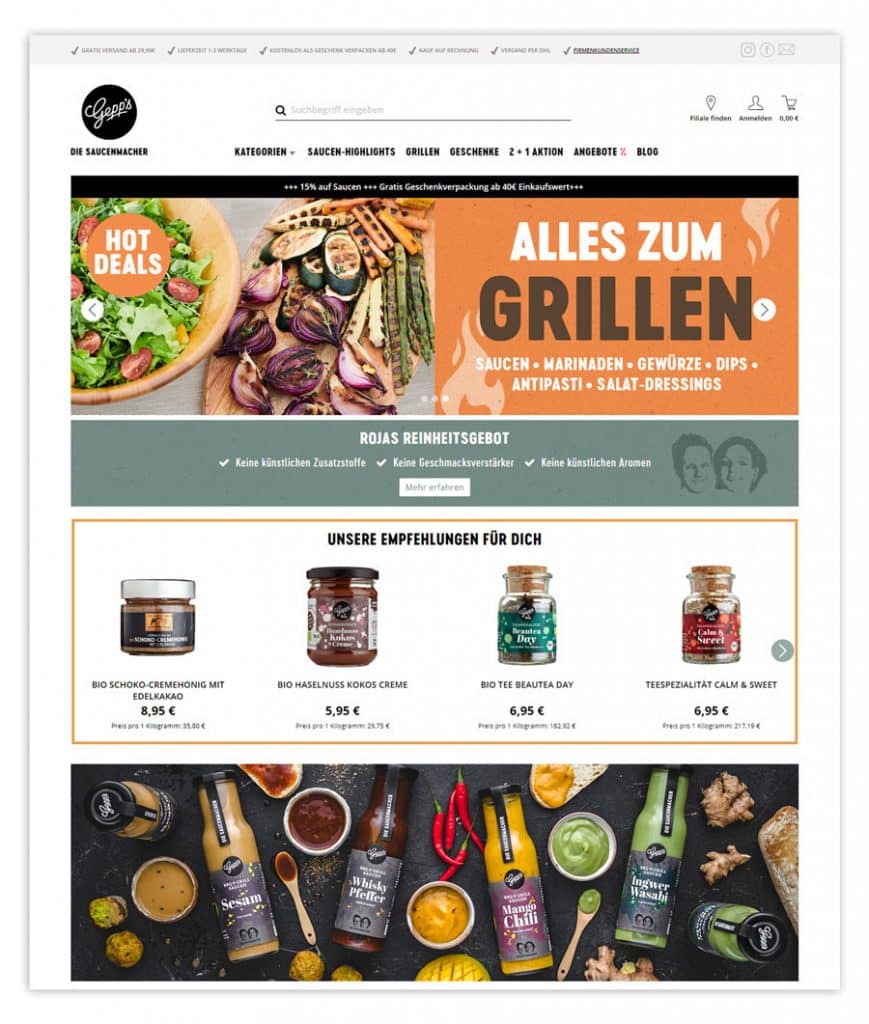 Der Screenshot zeigt die Startseite des Online Shops von Gepps, auf der personalisierte Produktempfehlungen als Onsite-Marketing-Maßnahme genutzt werden.