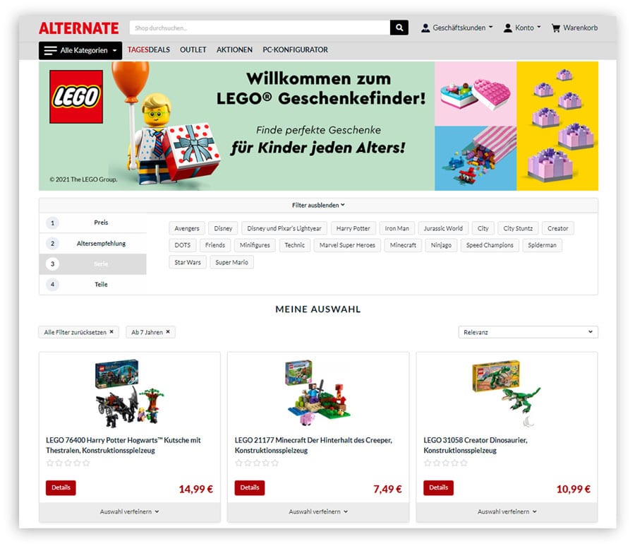 Gezeigt wird der Geschenkefinder im Online Shop von ALTERNATE als Beispiel für eine Onsite-Marketing-Maßnahme.