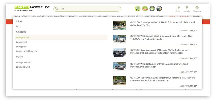 Dargestellt ist der Typeahead der Suche im Online Shop von gartenmoebel.de.