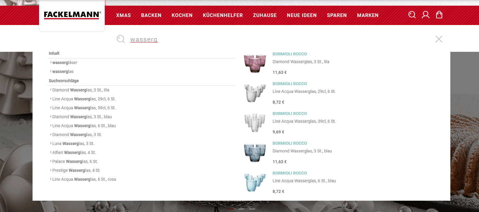 Example of the autosuggest function of the onsite search in the Fackelmann online shop