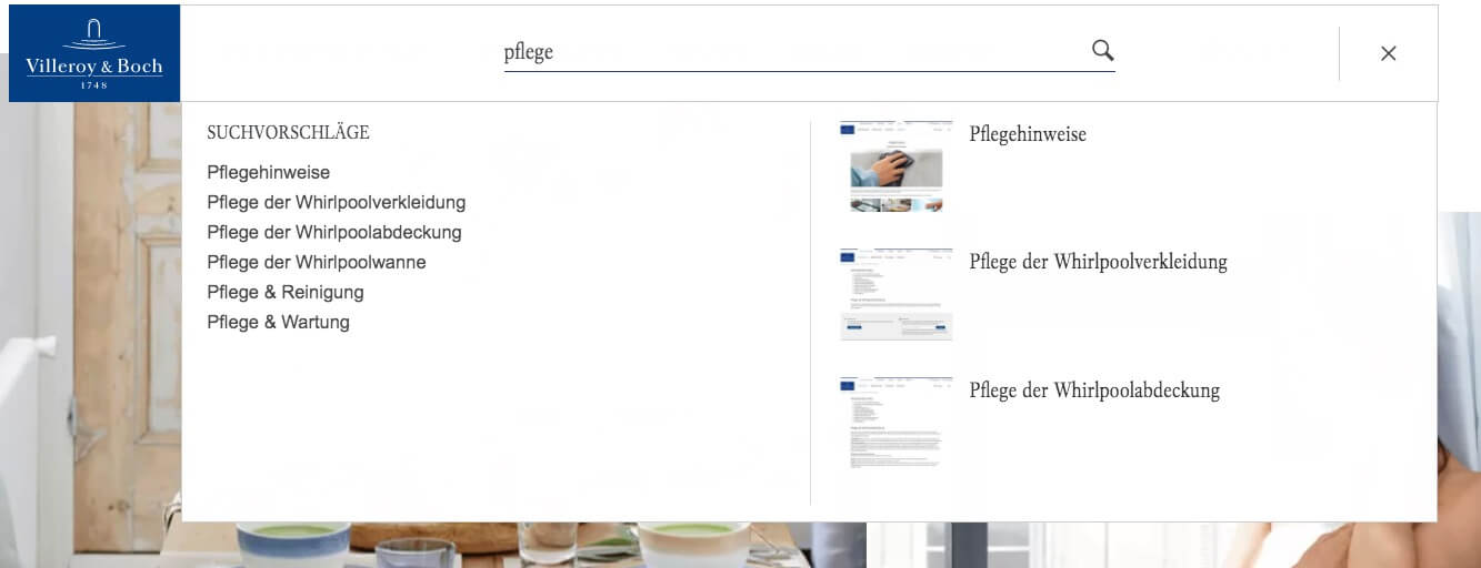 Example of finding content via onsite search in the Villeroy & Boch online shop