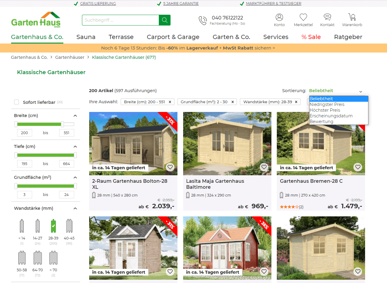 Example of sorting and filter functions of the onsite search in the A-Z Gartenhaus online shop