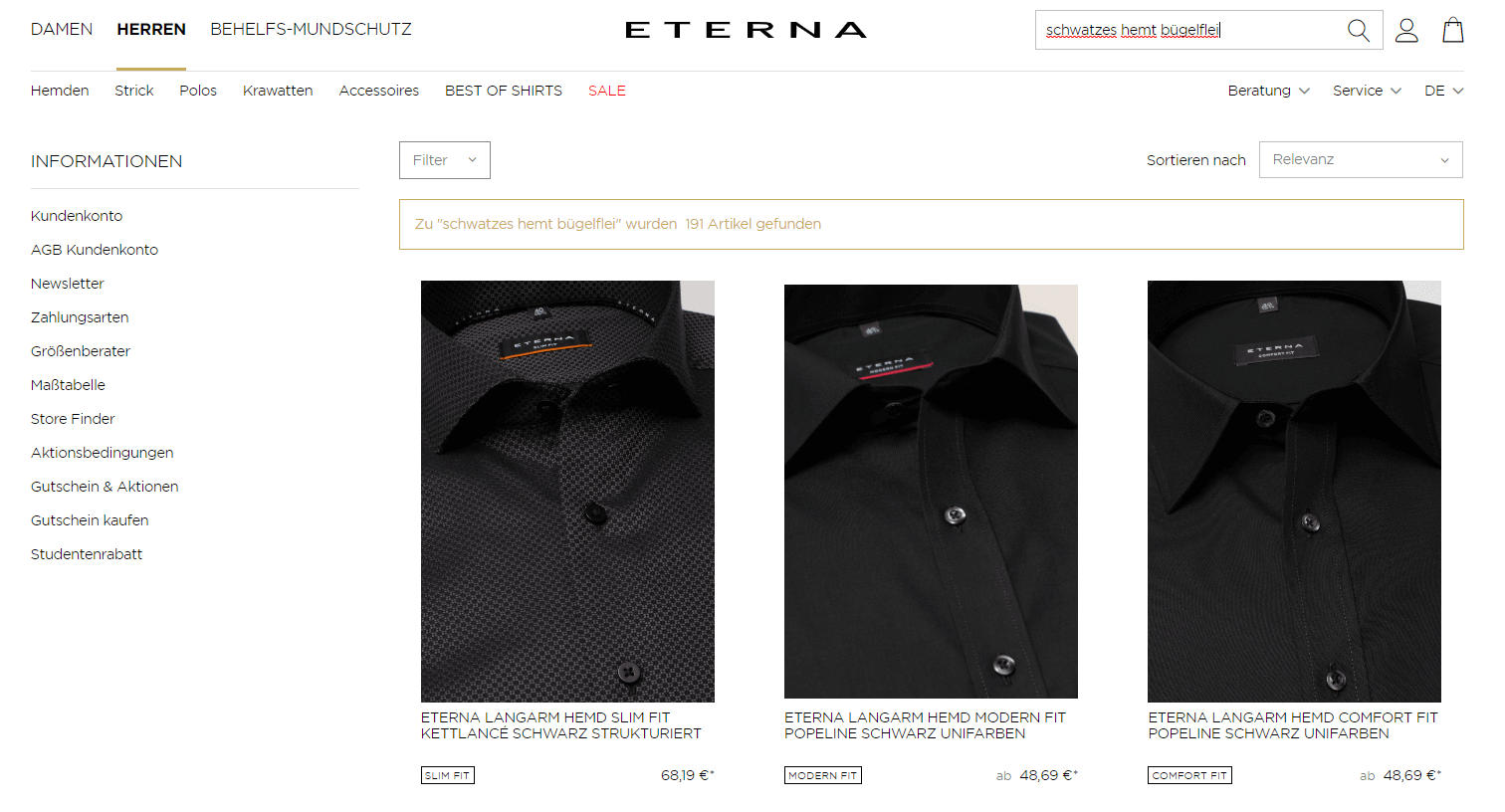 Example of error tolerance of the onsite search in the ETERNA online shop