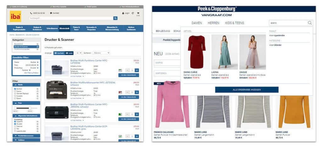 Beispiel für eine Facettennavigation im Online Shop von iba (links) und eine Type-Ahead-Funktion mit Vorschaubildern im Mode-Shop von Peek & Cloppenburg Hamburg (rechts)