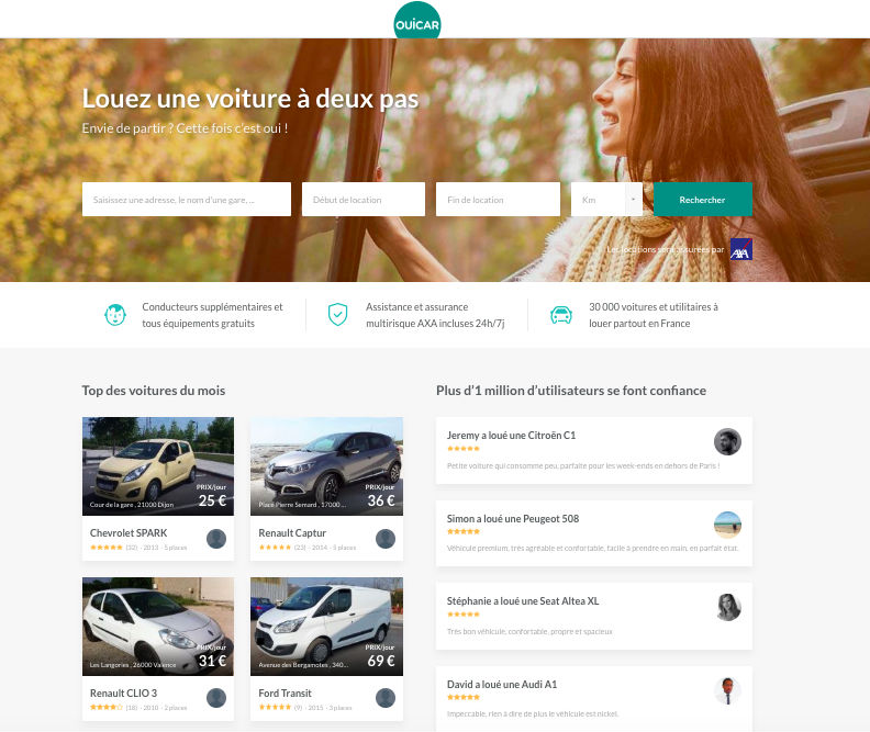 OuiCar Landing page - Louez une voiture à deux pas