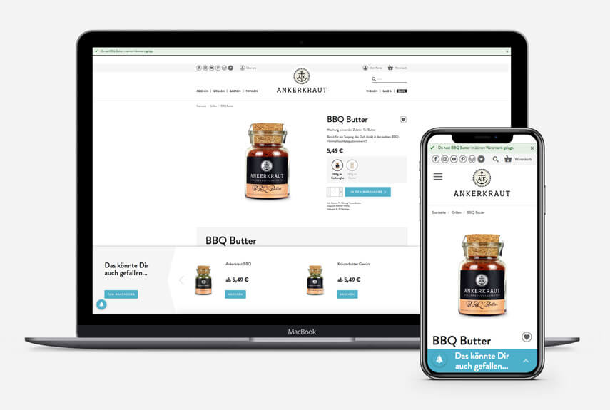 Das Bild zeigt ein Beispiel für Personalisierung. Dargestellt werden ein Laptop und ein Smartphone auf denen man das Cart Layer im Online Shop von Ankerkraut sieht.