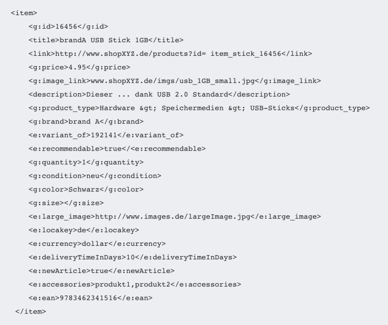 Das Bild zeigt ein Beispiel für Produktdaten im XML-Format.