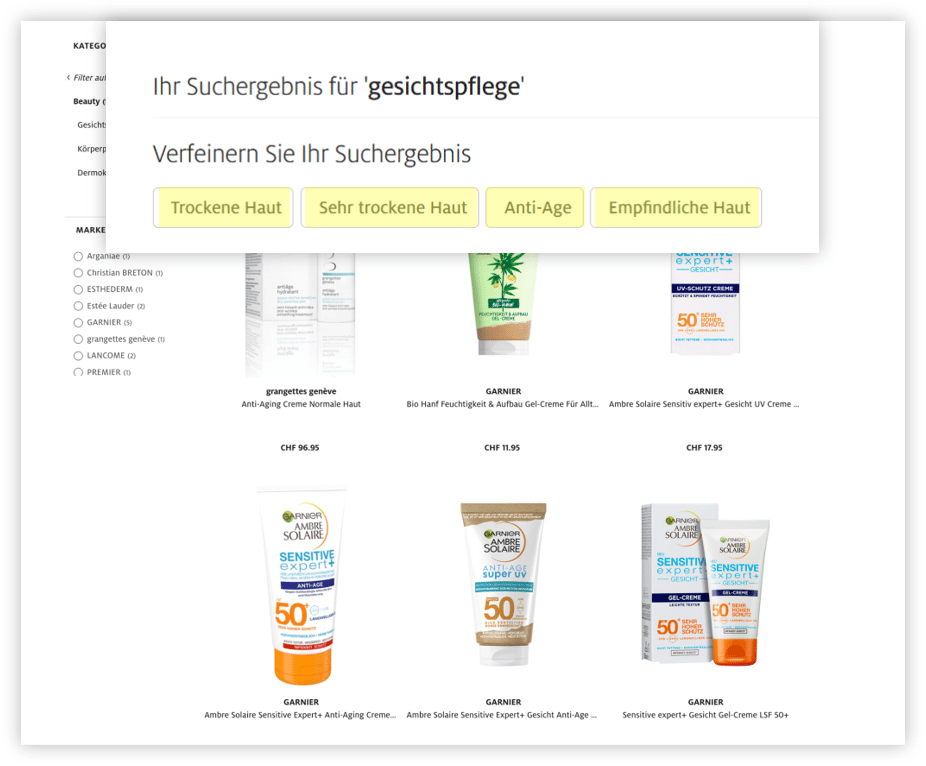 Der Screenshot zeigt verschiedene Filtermöglichkeiten auf der Kategorieseite oberhalb der Ergebnisliste.
