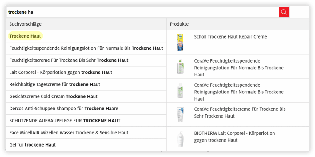 Das Bild zeigt ein Beispiel für eine Autosuggest-Funktion, die mit Beginn des Tippens verschiedene Such- und Produktvorschläge anzeigt.